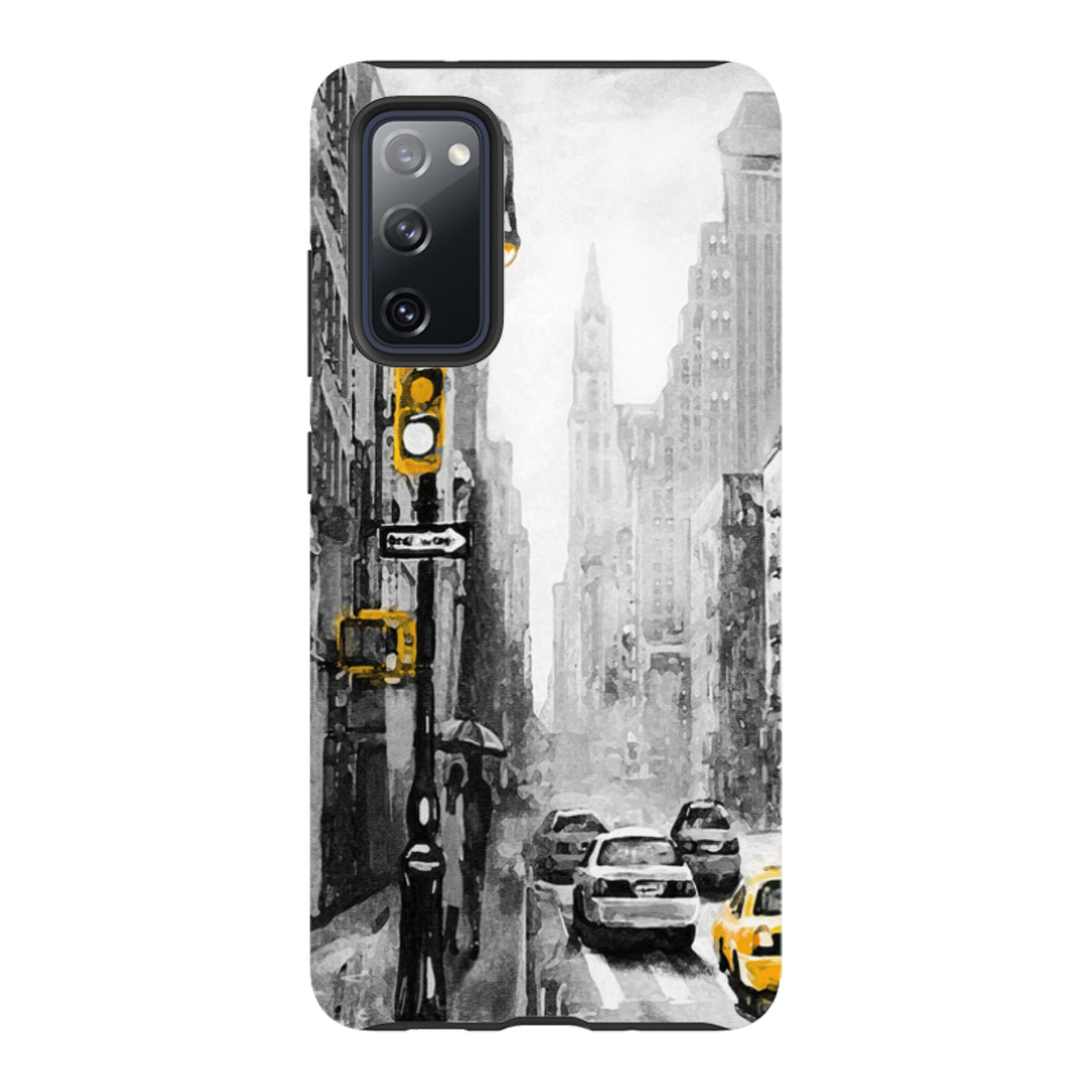 Samsung Tough Case featuring a black and white New York city street scene with vibrant yellow taxi and traffic light accents.