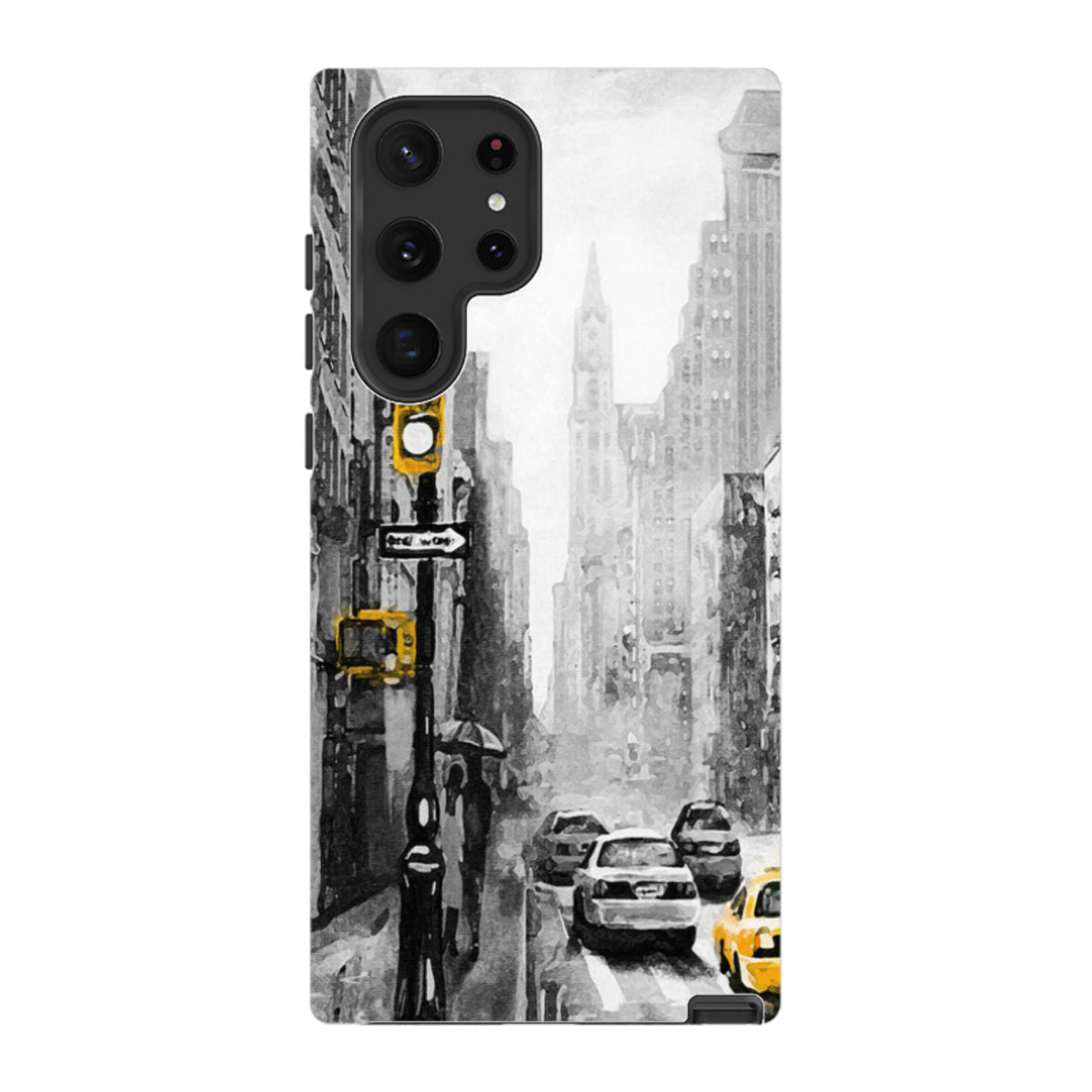 Samsung Tough Case featuring a black and white New York city street scene with vibrant yellow taxi and traffic light accents.
