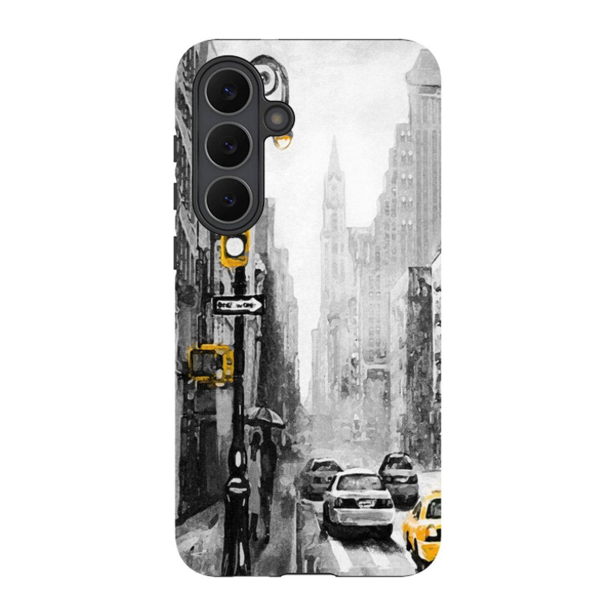 Samsung Galaxy tough case featuring a black and white New York city street scene with vibrant yellow taxi accents.