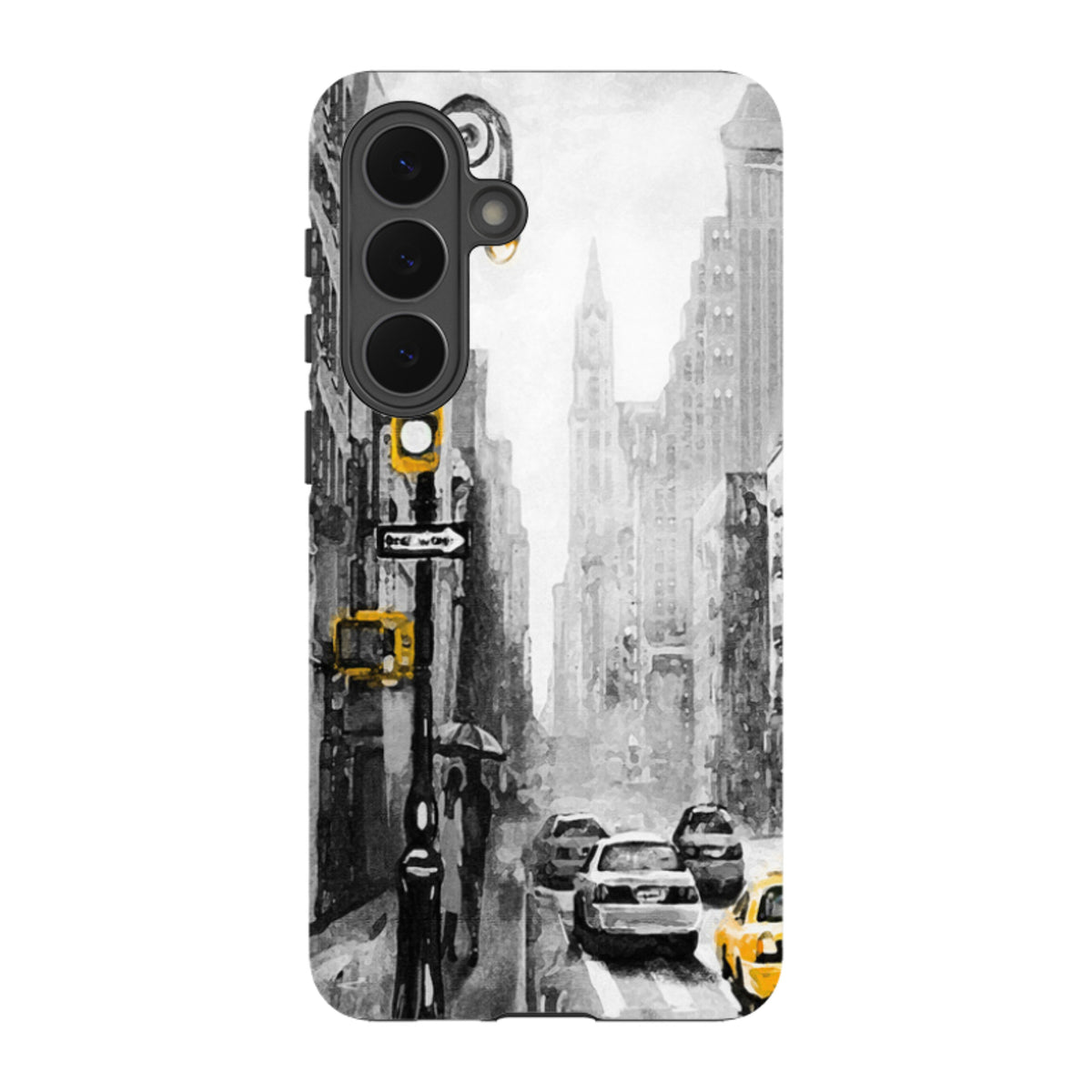 Samsung Galaxy tough case featuring a black and white New York street scene with vibrant yellow taxi accents.