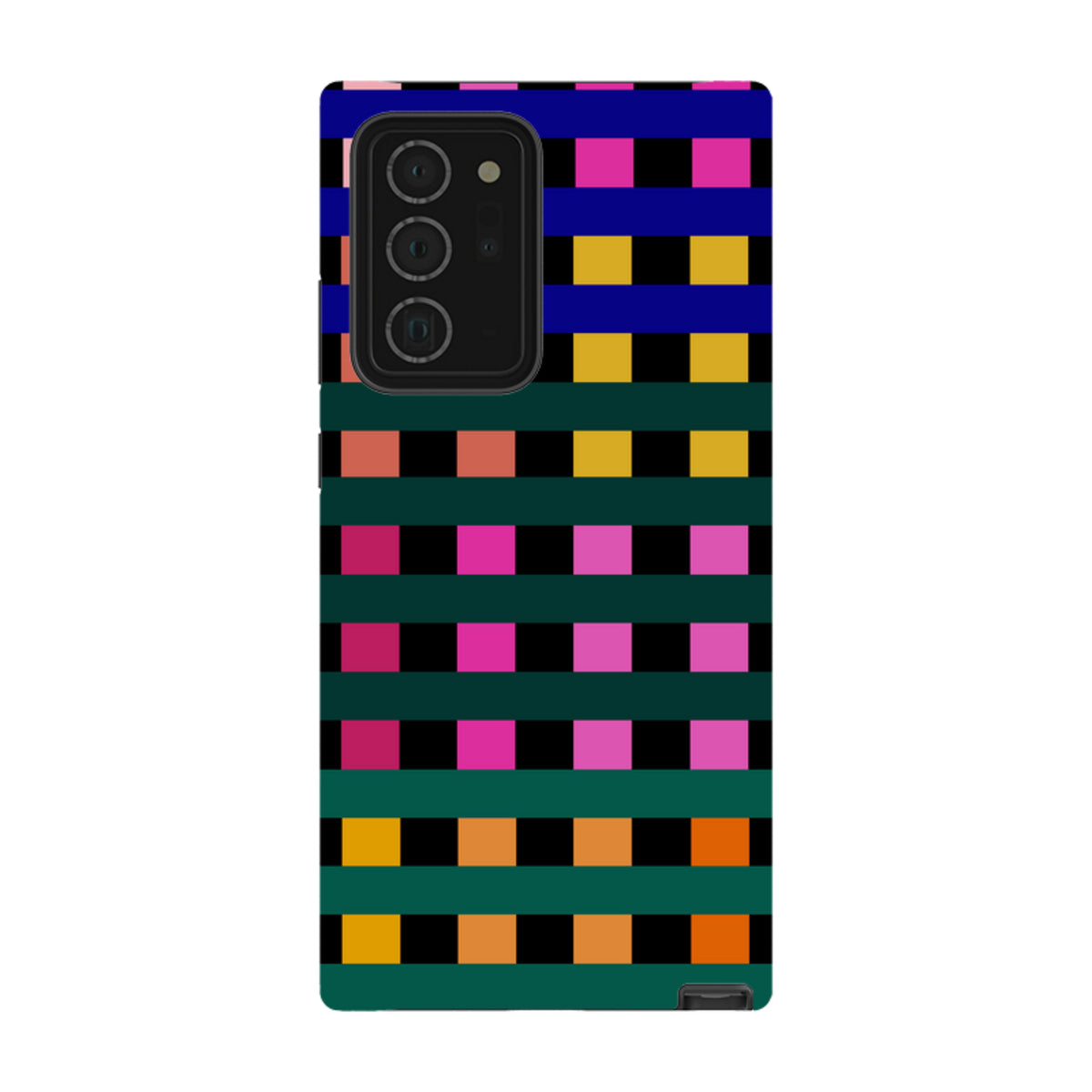 Samsung Tough Case featuring a vibrant, multi-colored Newton Check grid pattern with a durable dual-layer design.