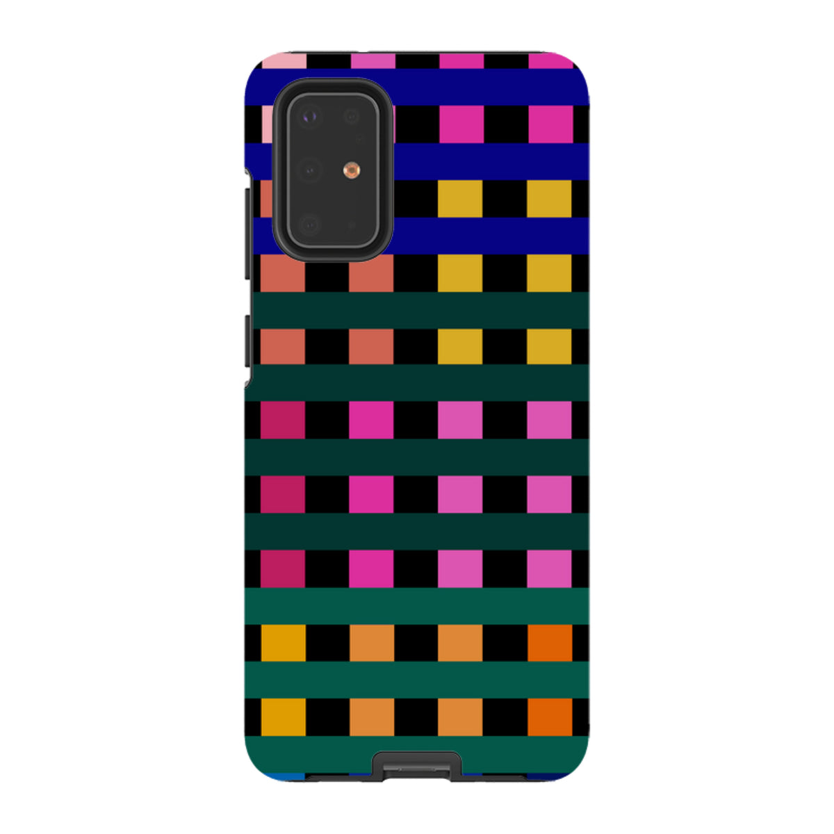 Samsung Tough Case featuring a vibrant Newton Check pattern in pink, blue, yellow, and orange on a dark grid background.