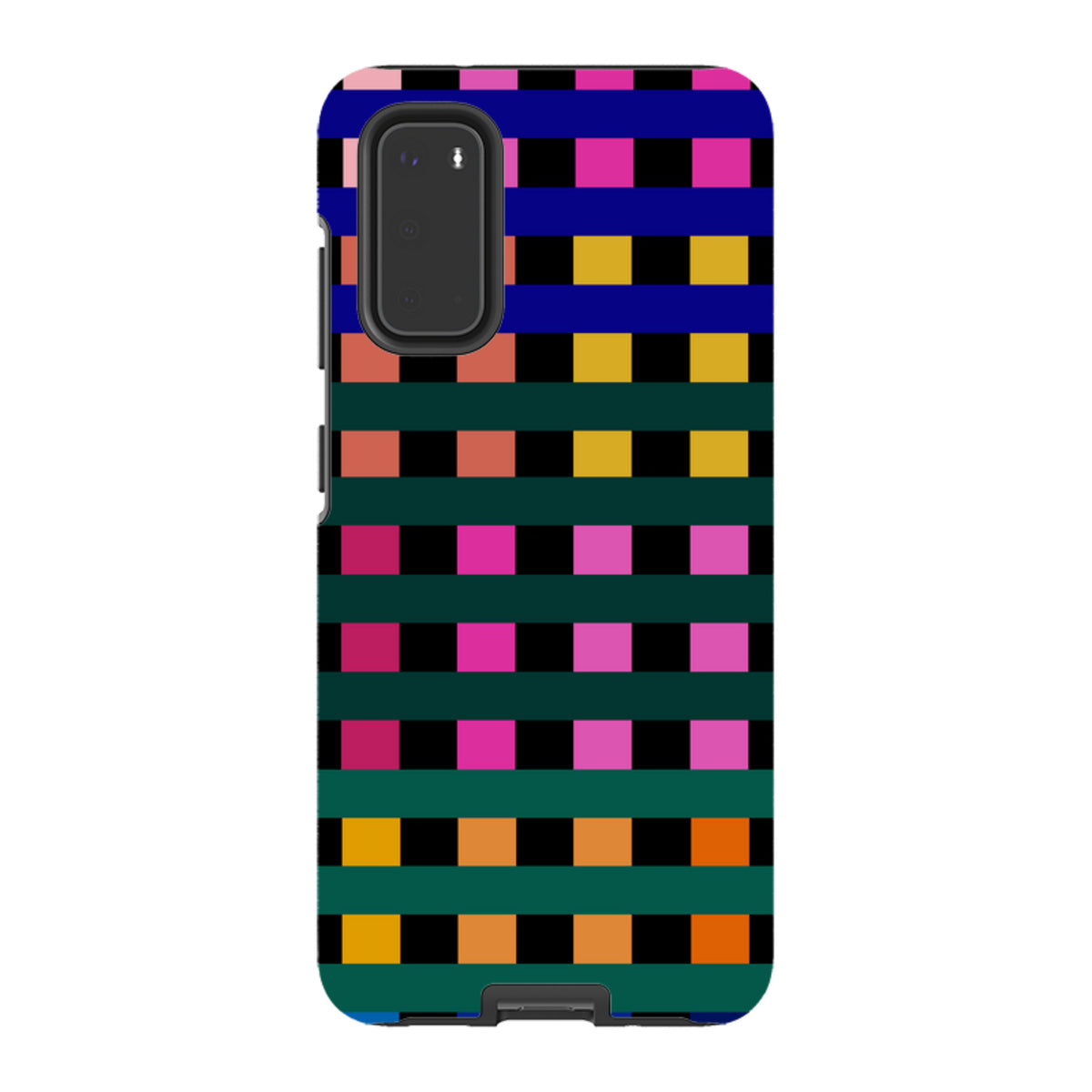 Samsung Tough Case featuring a vibrant Newton Check grid pattern in blue, pink, yellow, and green on a dual-layer shell.