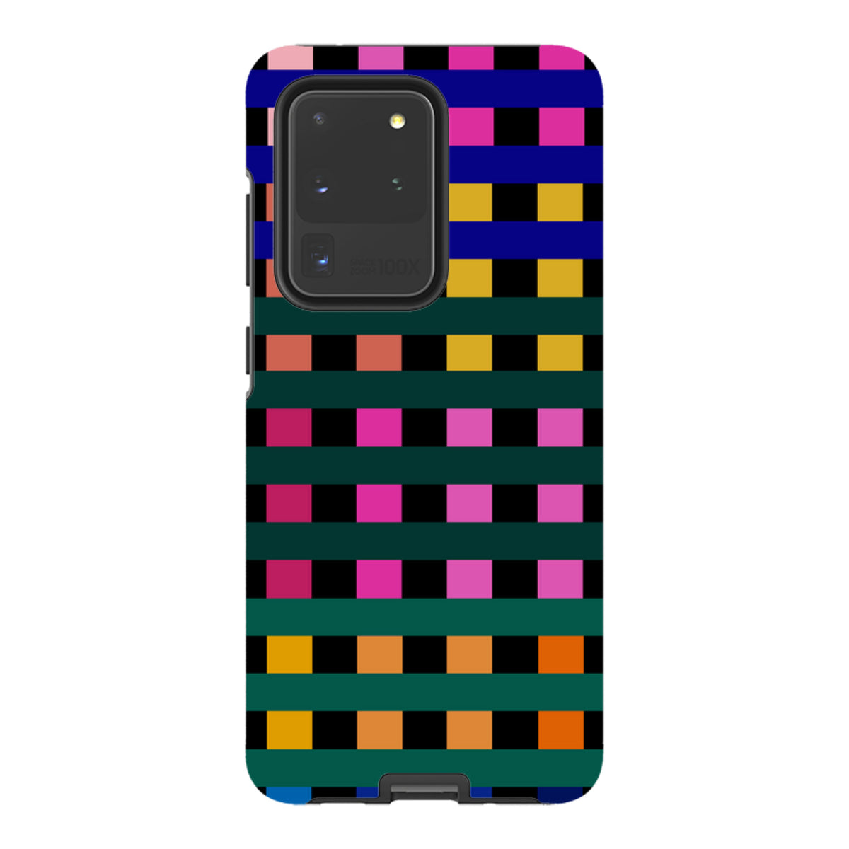 Samsung Tough Case featuring a vibrant, multicolored Newton Check grid pattern with a dual-layer protective design.