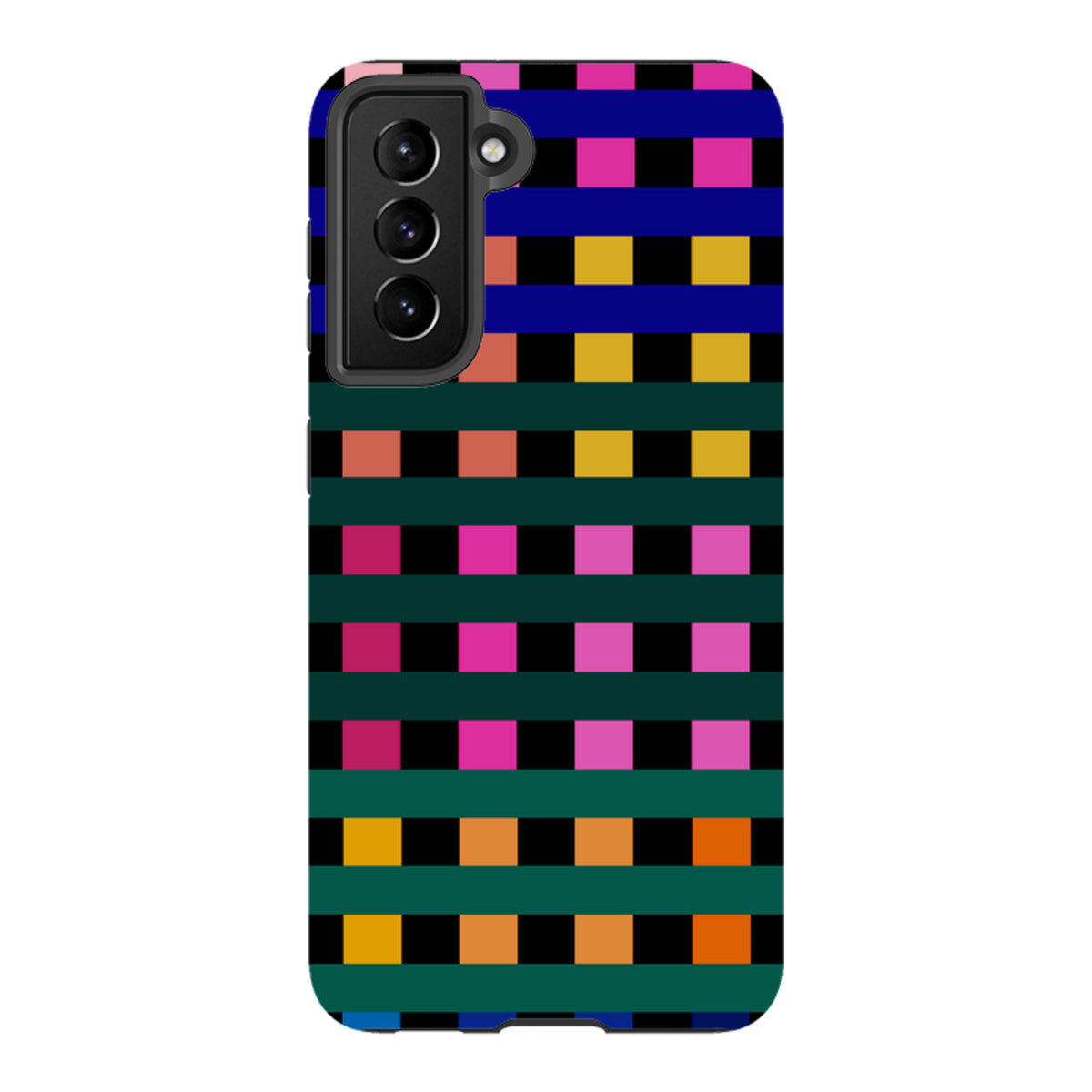 Samsung Tough Case featuring a vibrant, multicolored Newton Check grid pattern with a protective dual-layer design.