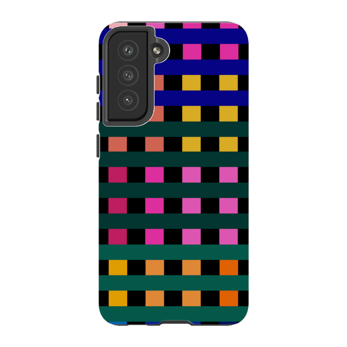 Samsung Tough Case featuring a vibrant, multicolored Newton Check grid pattern with a protective dual-layer design.