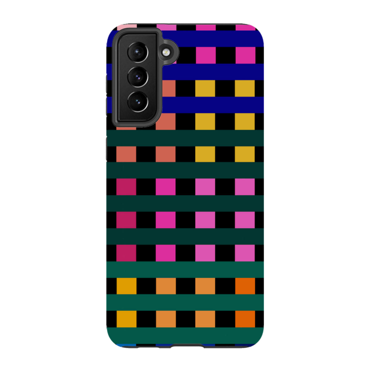 Samsung Tough Case featuring a vibrant, multicolored Newton Check grid pattern by Kitty Joseph on a durable phone cover.
