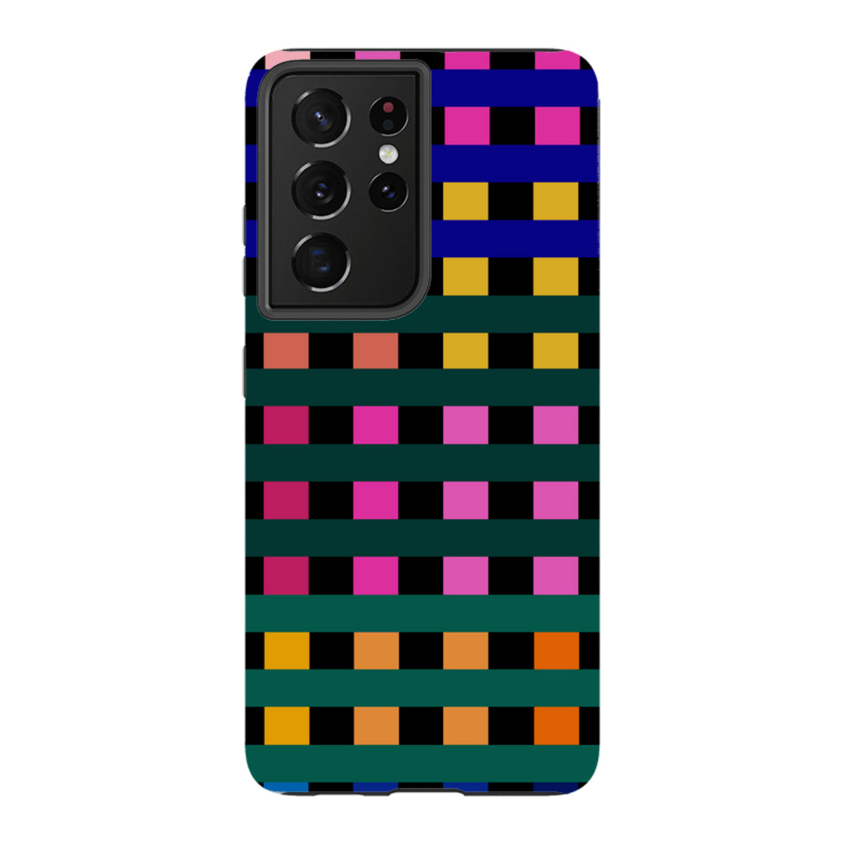 Samsung Galaxy tough case featuring a vibrant, multi-colored Newton Check grid pattern by Kitty Joseph.