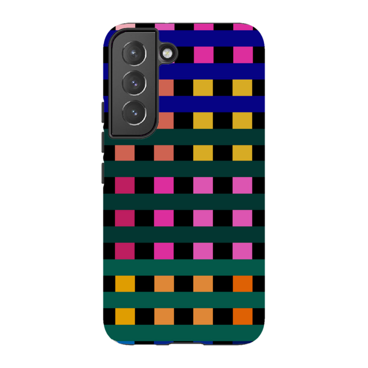 Samsung Tough Case featuring a vibrant Newton Check grid pattern in blue, pink, yellow, and green on a durable shell.