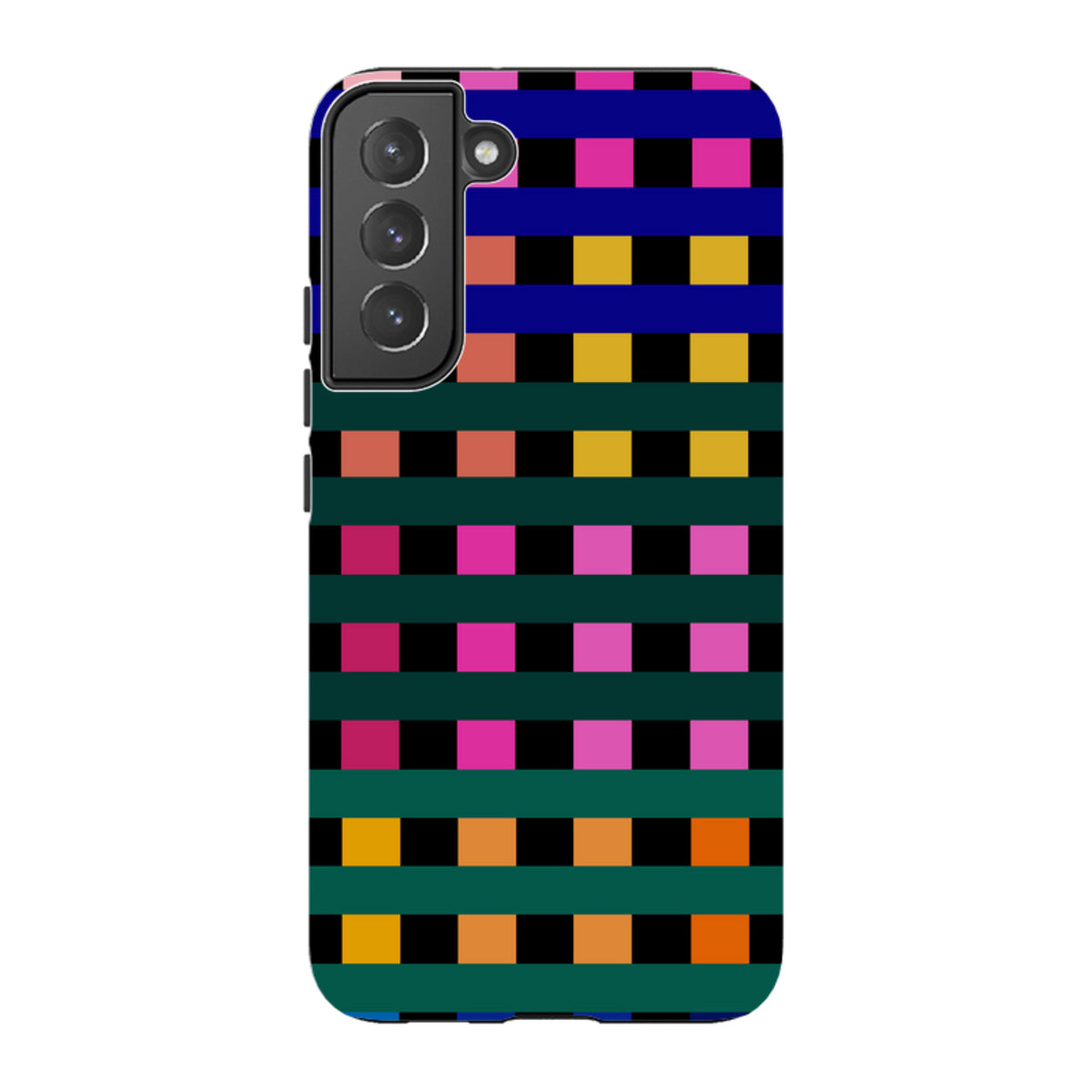Samsung Galaxy tough case featuring a vibrant, multi-colored Newton Check grid pattern by Kitty Joseph.