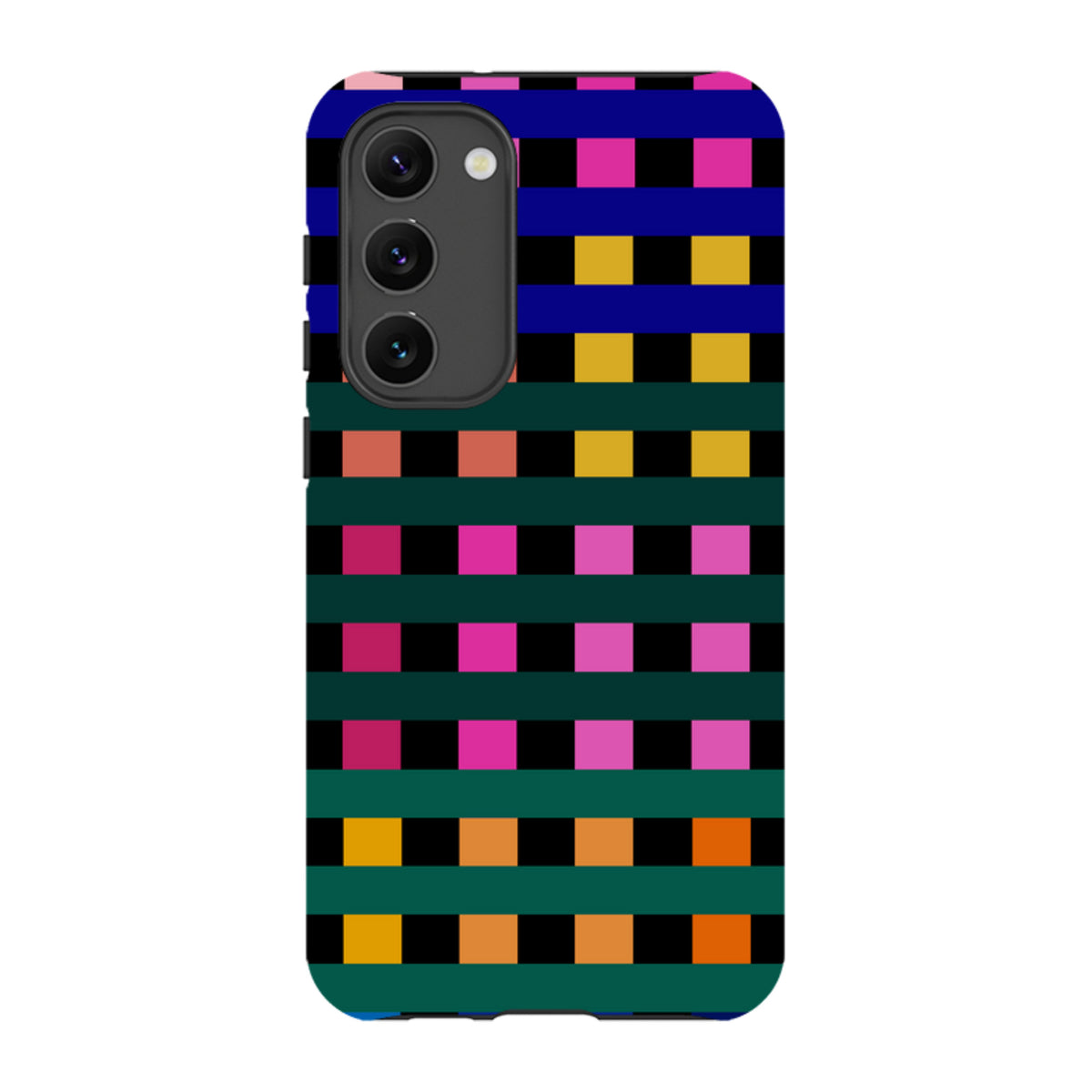 Samsung Tough Case featuring a vibrant Newton Check grid pattern in blue, pink, yellow, and green on a durable phone cover.