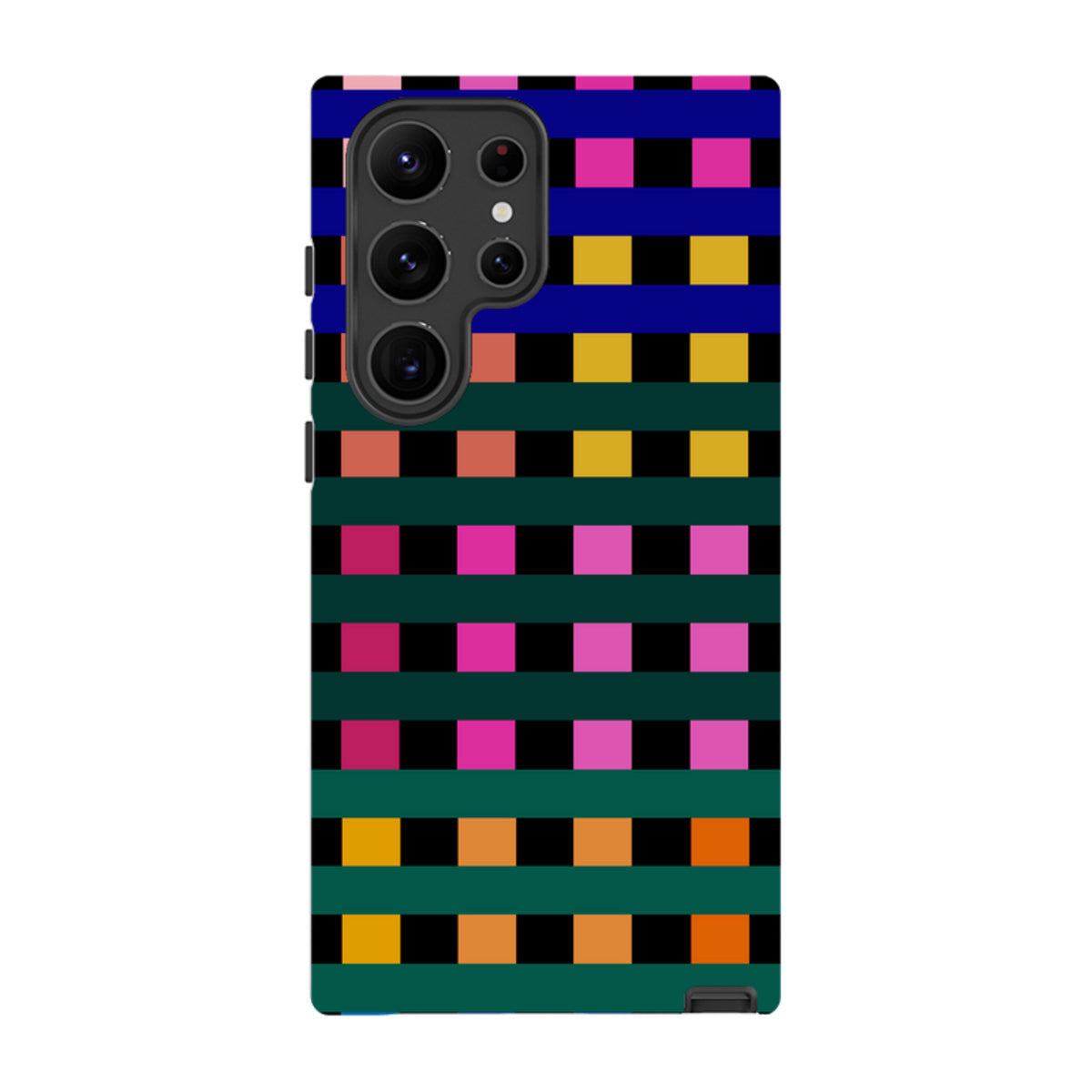 Samsung Tough Case featuring a vibrant Newton Check grid pattern in pink, blue, yellow, and green on a dual-layer shell.