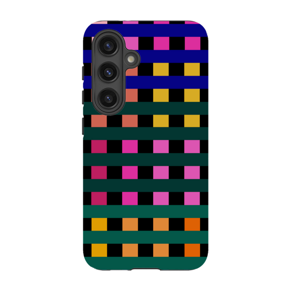 Samsung Tough Case featuring a vibrant, multi-colored Newton Check grid pattern by Kitty Joseph for Galaxy phones.