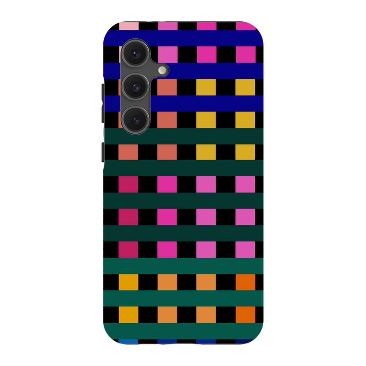 Samsung Tough Case featuring a vibrant, multicolored Newton Check grid pattern by Kitty Joseph for Galaxy phones.