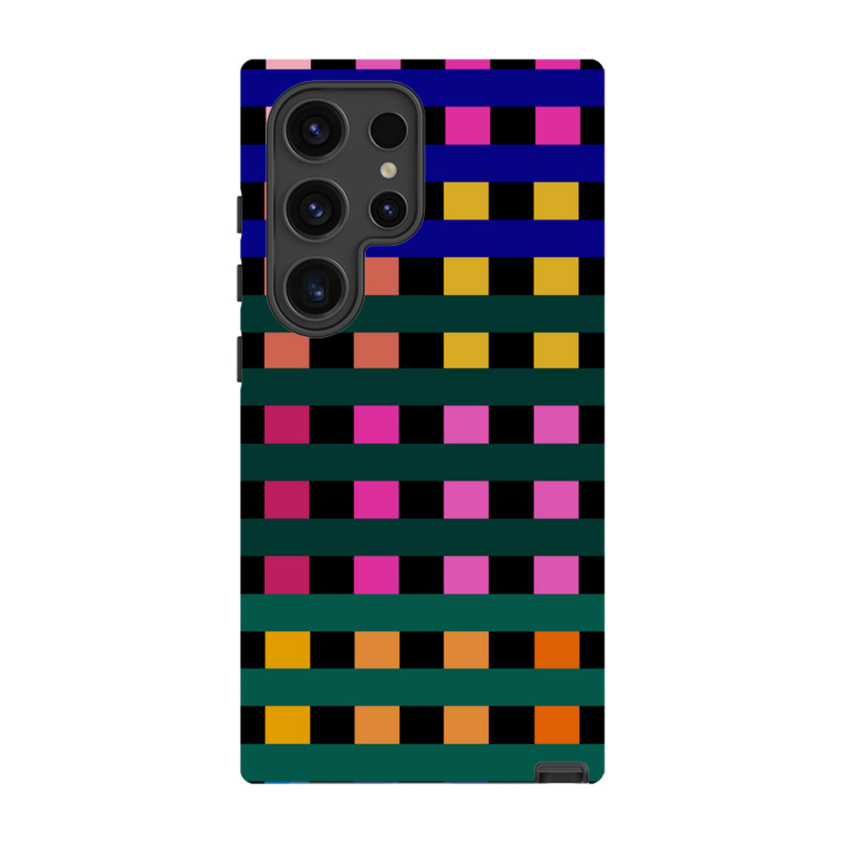 Samsung Tough Case featuring a vibrant, multi-colored Newton Check grid pattern on a durable dual-layer phone cover.