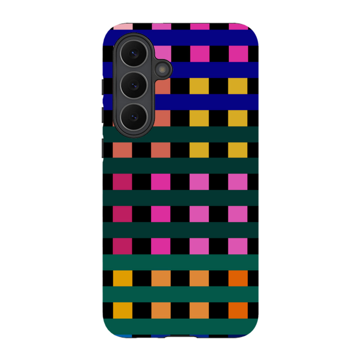 Samsung Tough Case featuring a vibrant, multi-colored Newton Check grid pattern with a durable dual-layer design.