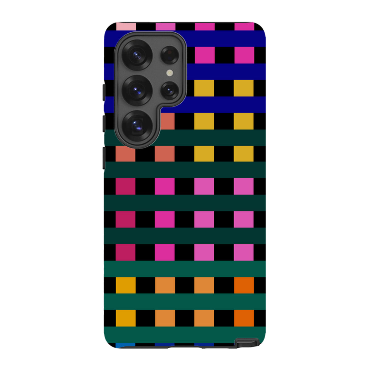 Samsung Tough Case featuring a vibrant, multicolored Newton Check grid pattern by Kitty Joseph for Galaxy phones.