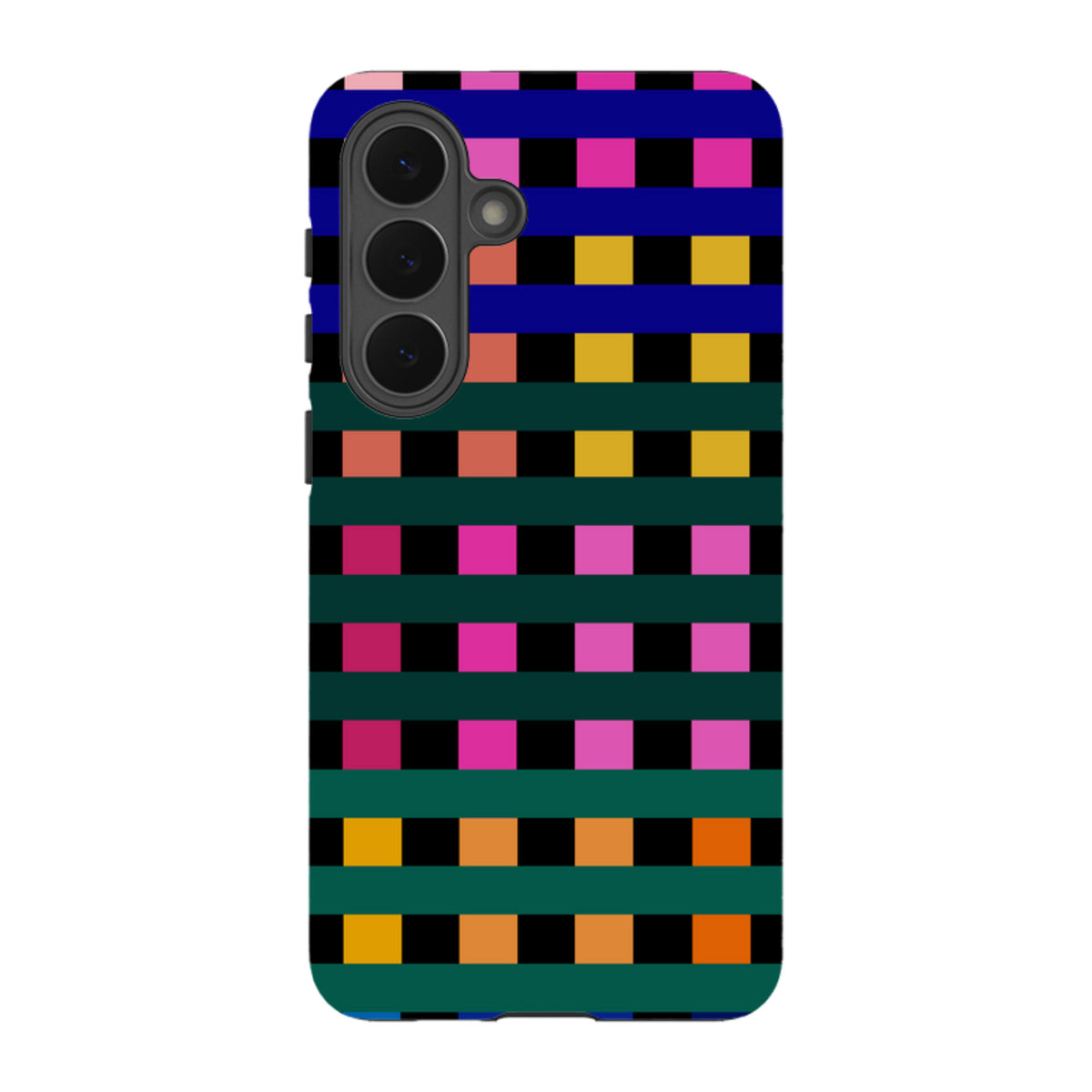 Samsung Tough Case featuring a vibrant, multi-colored Newton Check grid pattern with a durable dual-layer design.