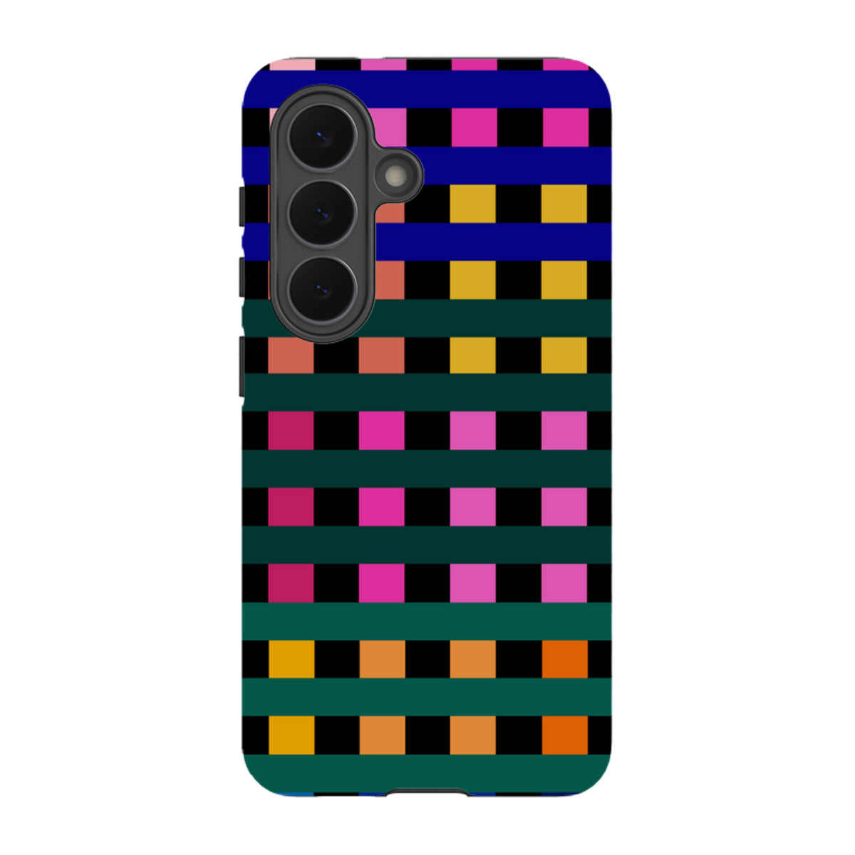 Samsung Tough Case featuring a vibrant, multi-colored Newton Check grid pattern by Kitty Joseph for Galaxy phones.