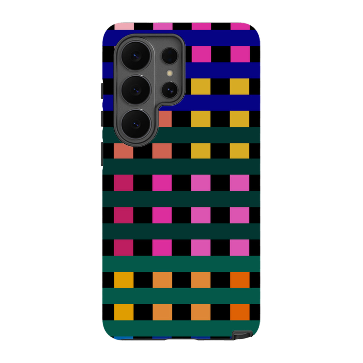 Samsung Galaxy tough case featuring a vibrant Newton Check grid pattern in pink, blue, yellow, and green on black.