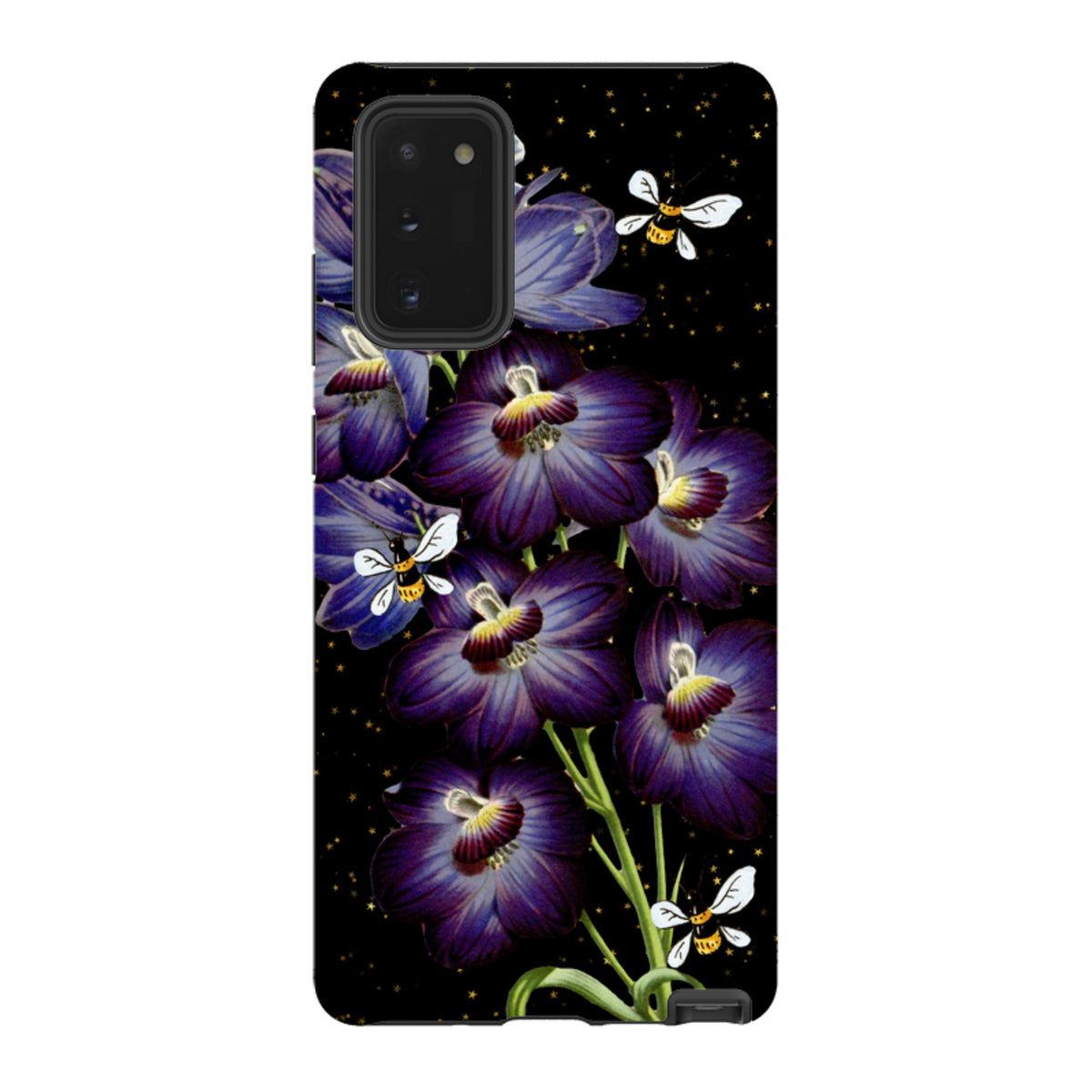 Samsung Tough Case featuring purple flowers and bees on a black background with gold stars and dual-layer protection.