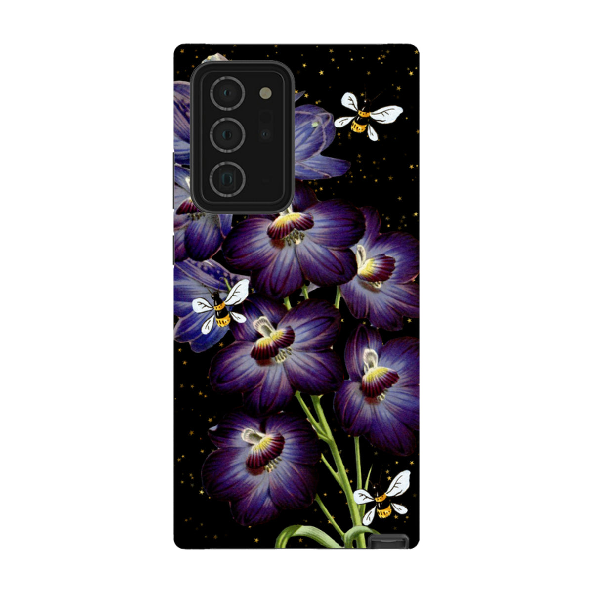 Samsung Tough Case featuring purple flowers and bees on a black starry background with dual-layer protection.