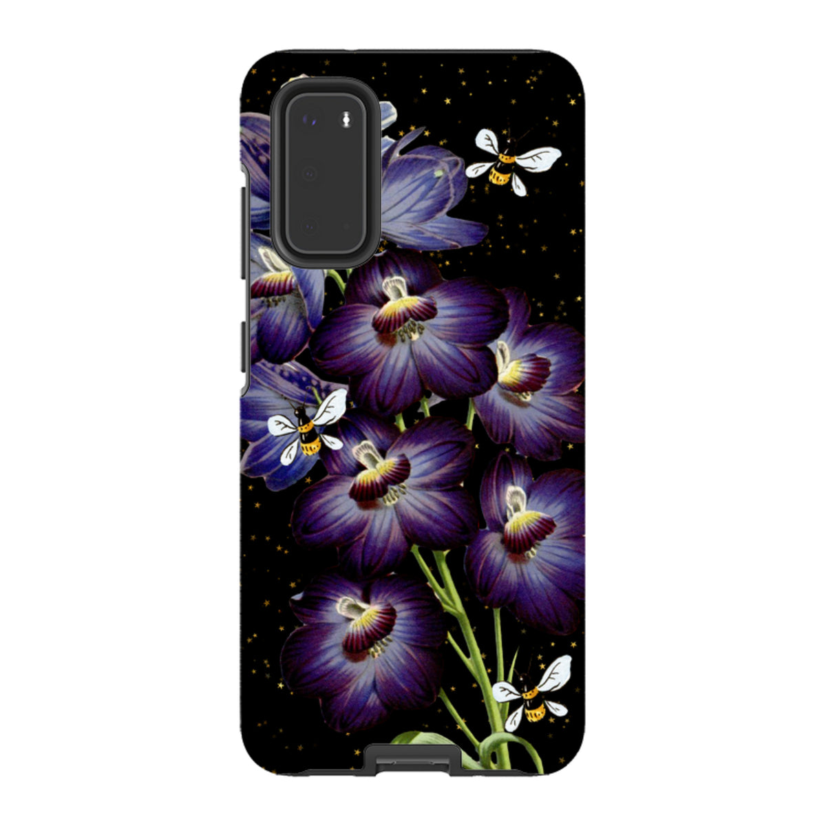 Samsung Tough Case featuring purple flowers and bees on a black background with gold stars and dual-layer protection.