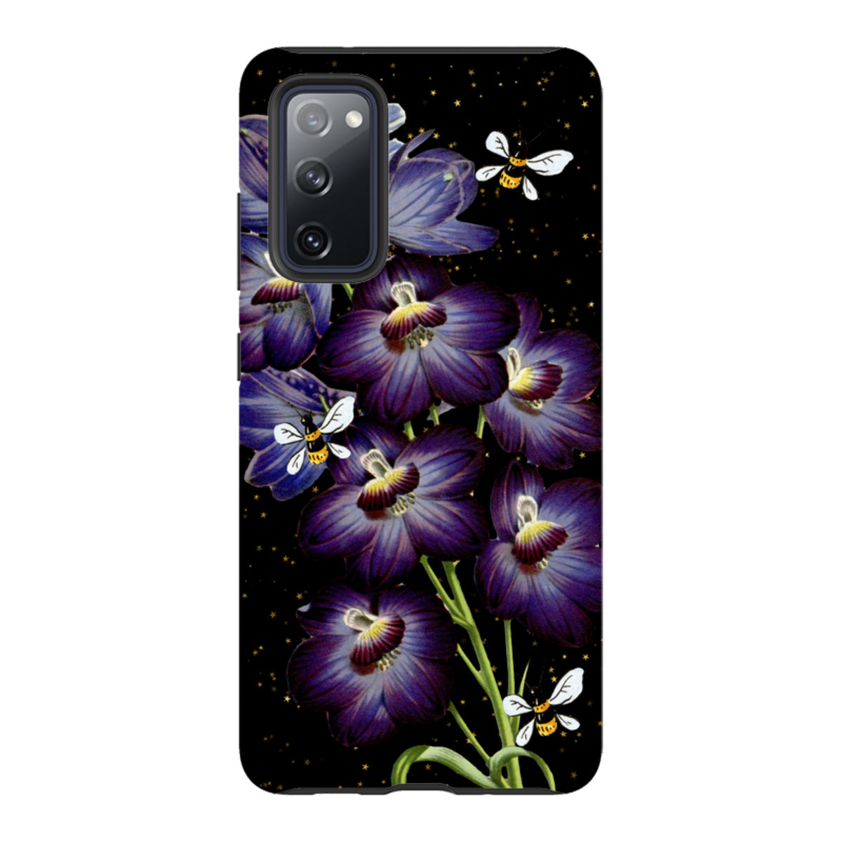 Samsung Tough Case featuring purple flowers and bees on a black background with gold stars and dual-layer protection.