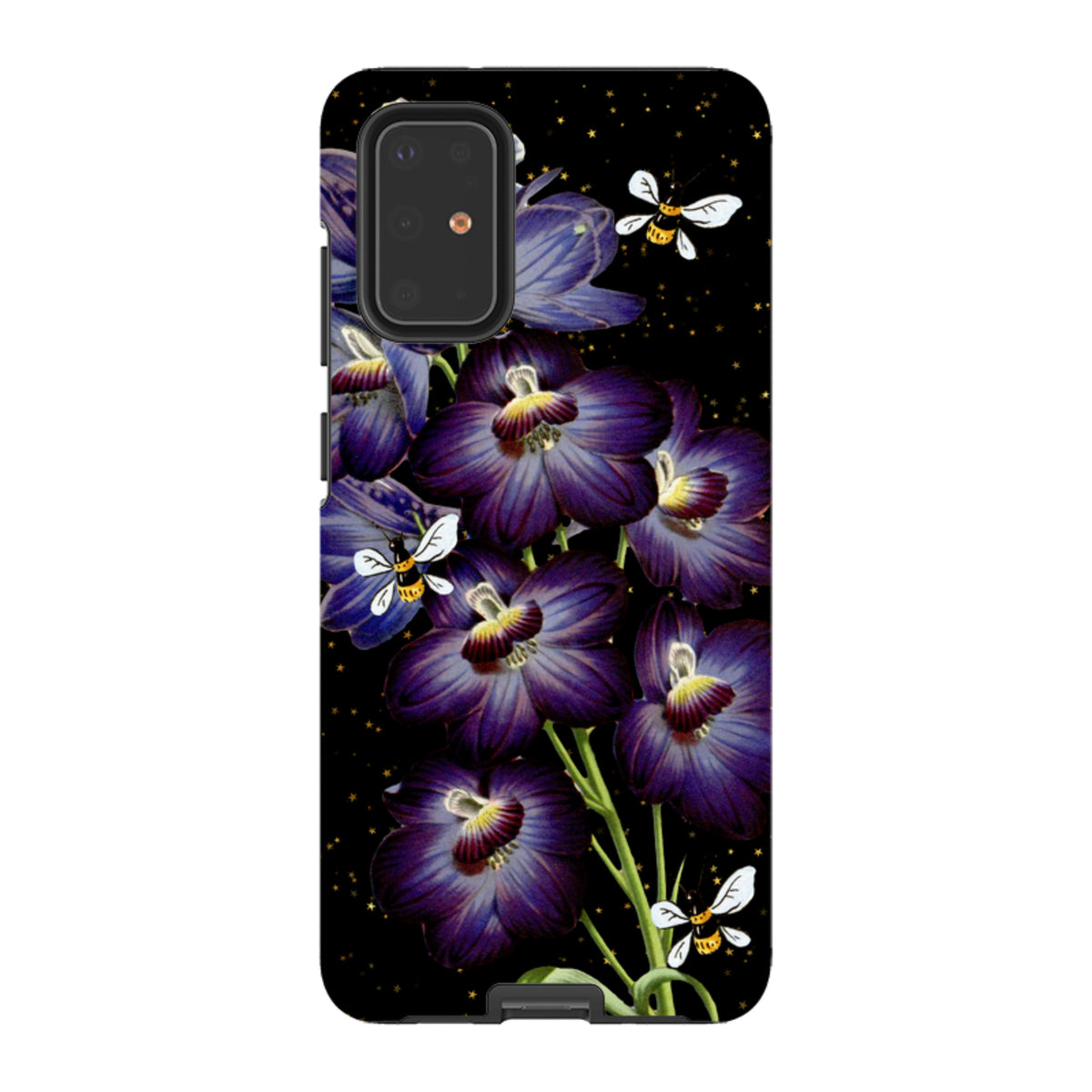 Samsung tough phone case featuring purple flowers and bees on a black starry background with dual-layer protection.