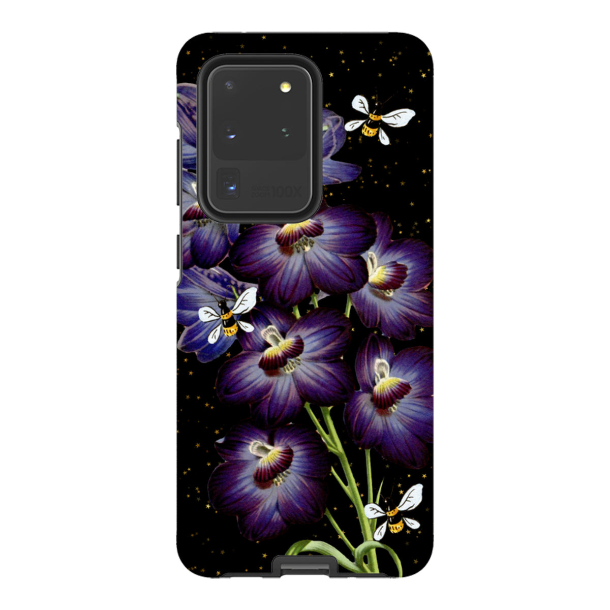 Samsung Tough Case featuring purple flowers and bees on a black background with gold stars and dual-layer protection.