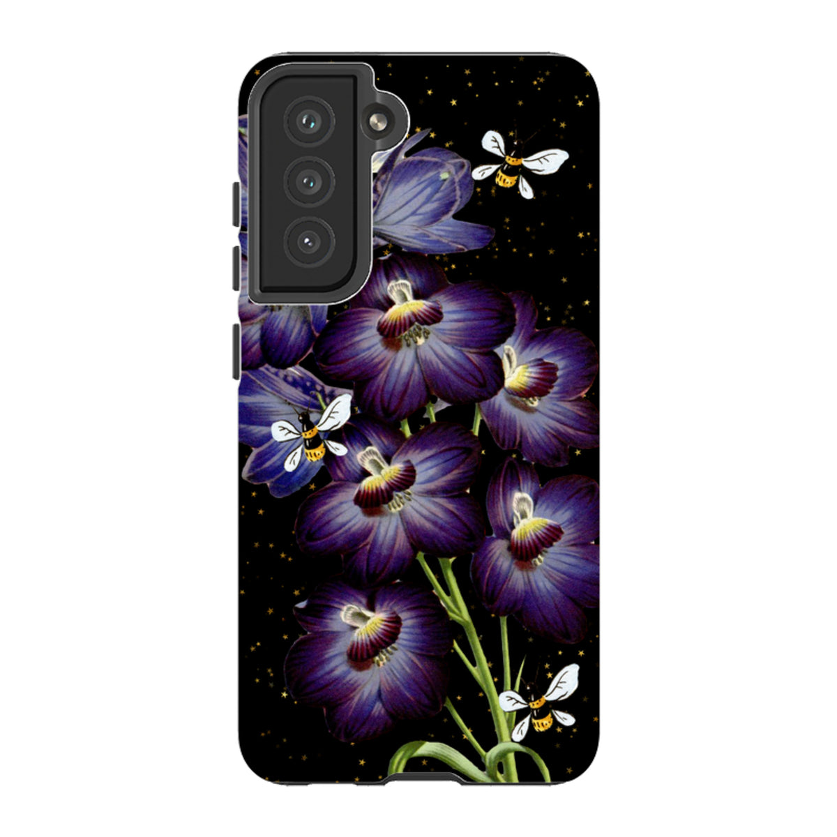 Samsung Tough Case featuring purple flowers and bees on a black background with gold stars and dual-layer protection.