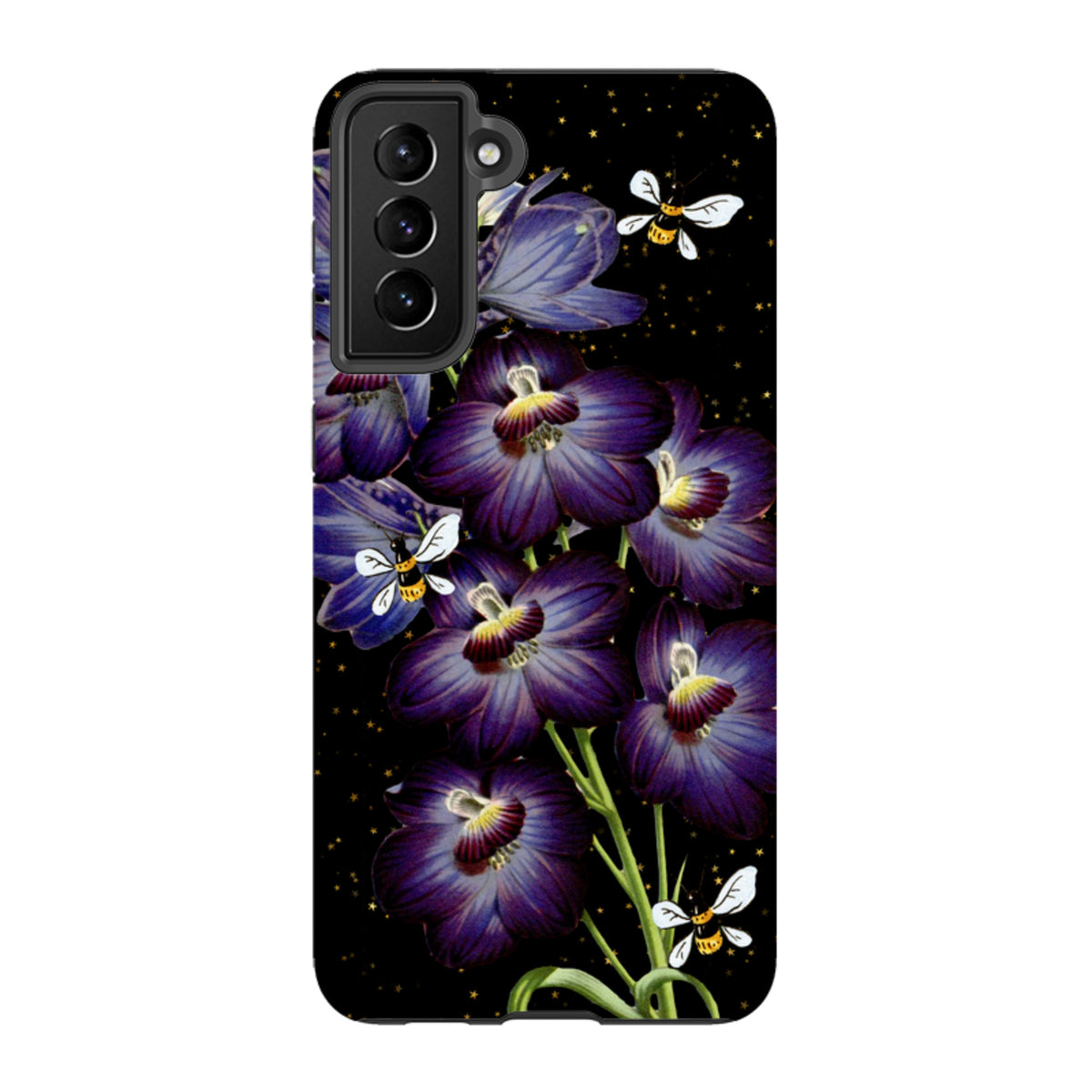 Samsung Tough Case featuring purple flowers and bees on a black background with gold stars for Galaxy devices.