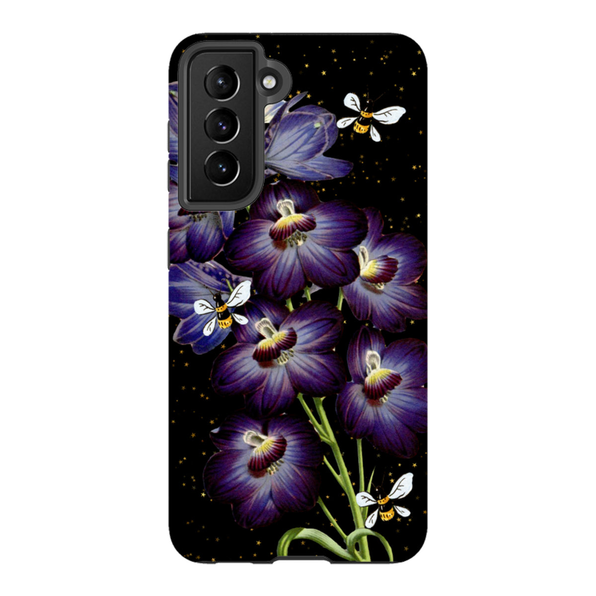 Samsung Tough Case featuring purple flowers and bees on a black background with gold stars and dual-layer protection.