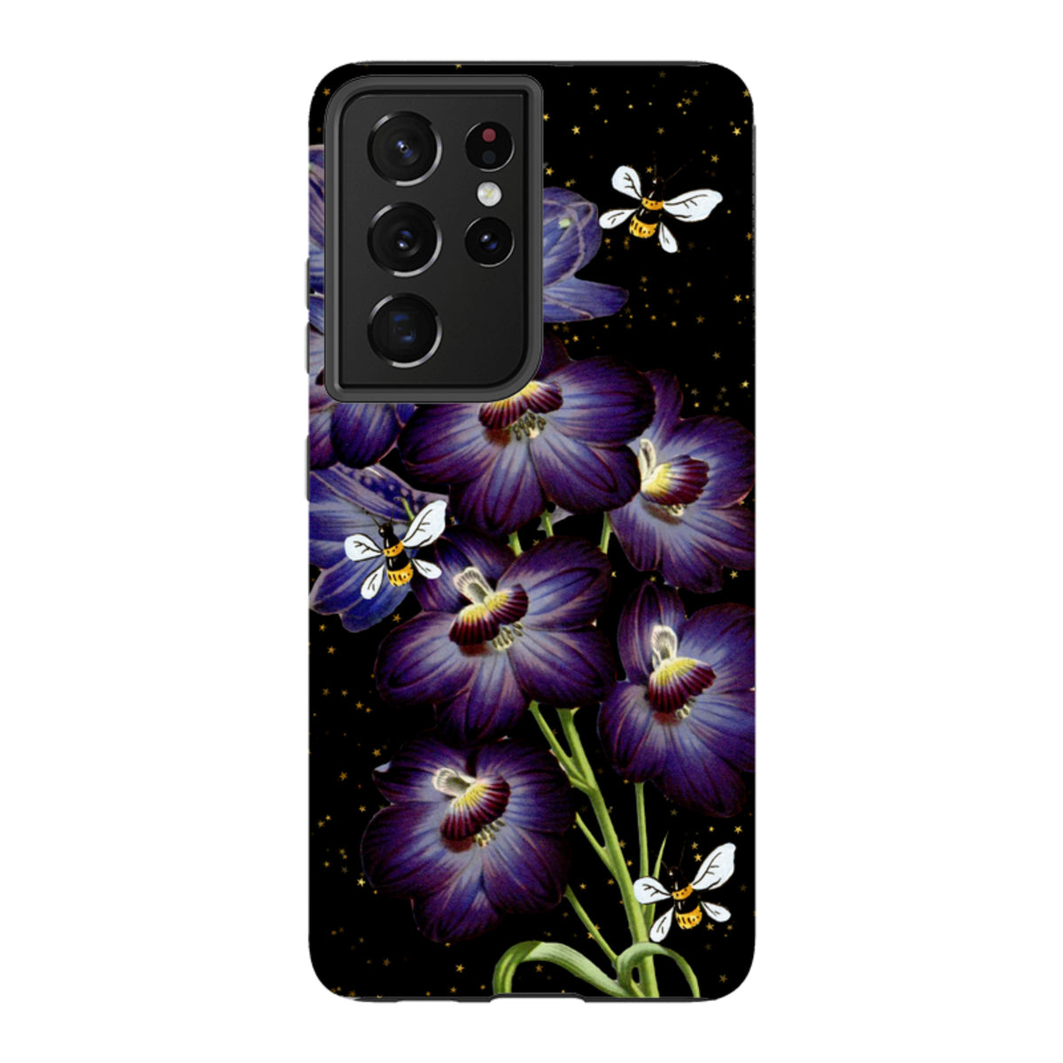 Samsung tough phone case featuring purple flowers and bees on a black background with gold stars.
