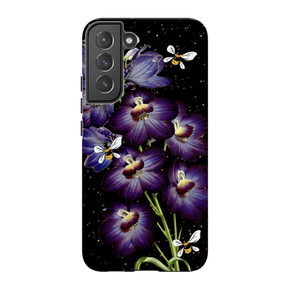 Samsung Galaxy tough case featuring purple flowers and bees on a black background with gold stars.