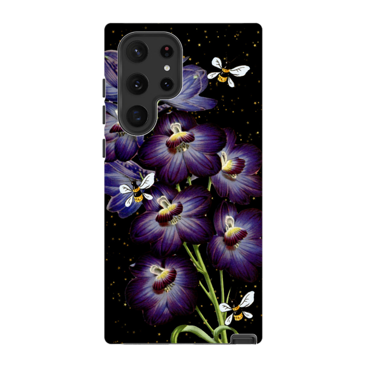 Samsung Tough Case featuring purple flowers and bees on a black starry background with a dual-layer protective design.