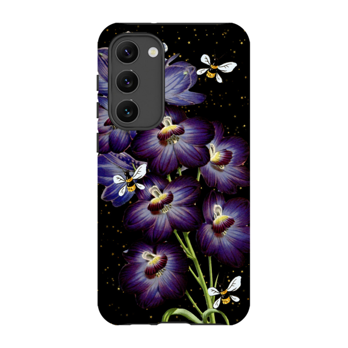 Samsung Tough Case featuring purple flowers and bees on a black background with gold stars for Galaxy phones.