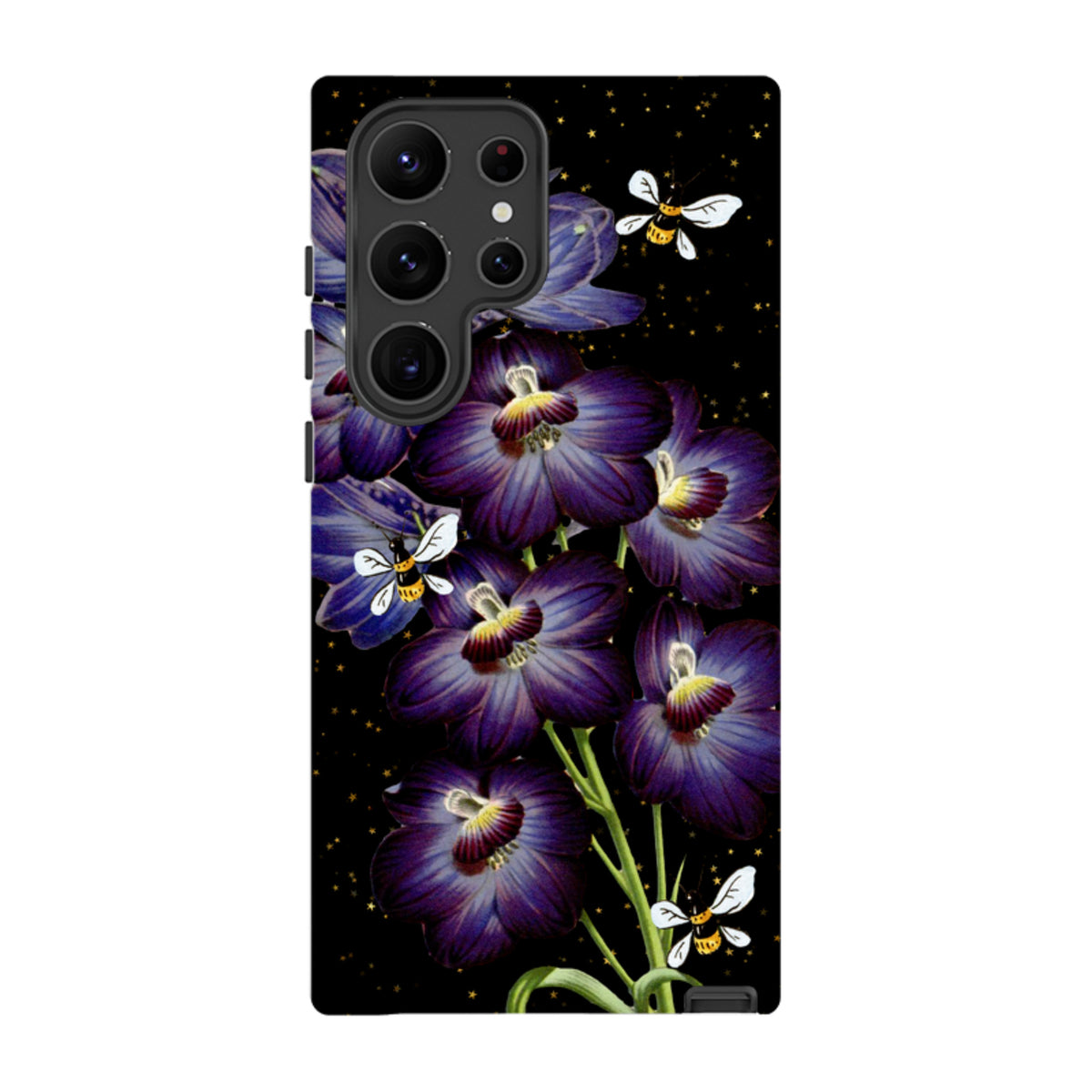 Samsung Tough Case featuring purple flowers and bees on a black background with gold stars and dual-layer protection.