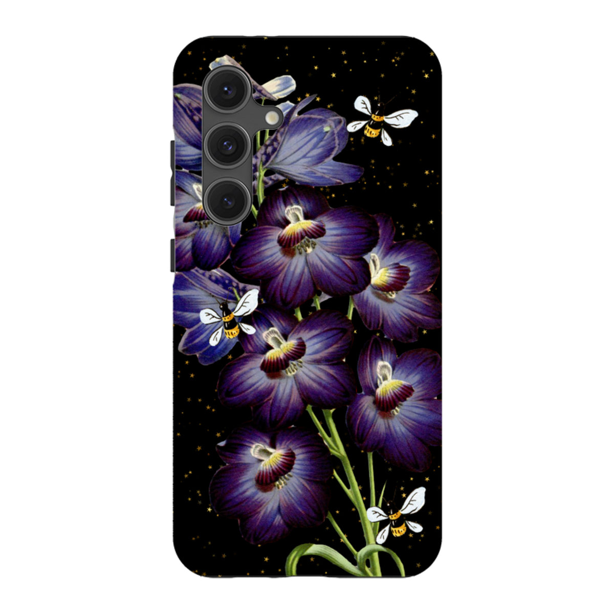 Samsung Galaxy tough case featuring purple flowers and bees on a black background with gold star accents.
