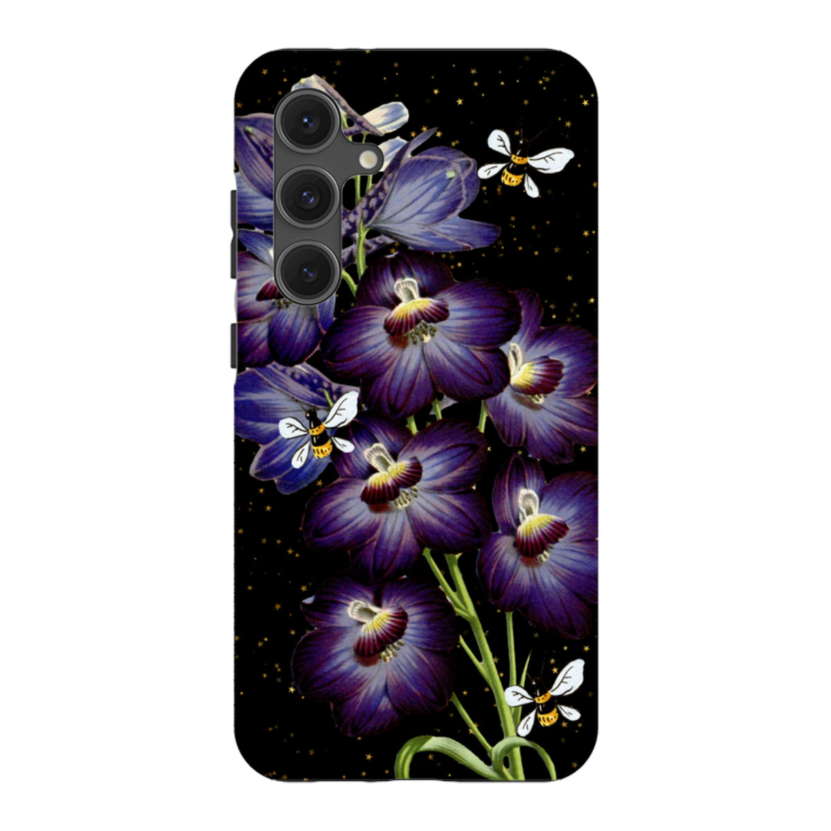 Samsung Tough Case featuring purple flowers and bees on a black background with gold stars and dual-layer protection.
