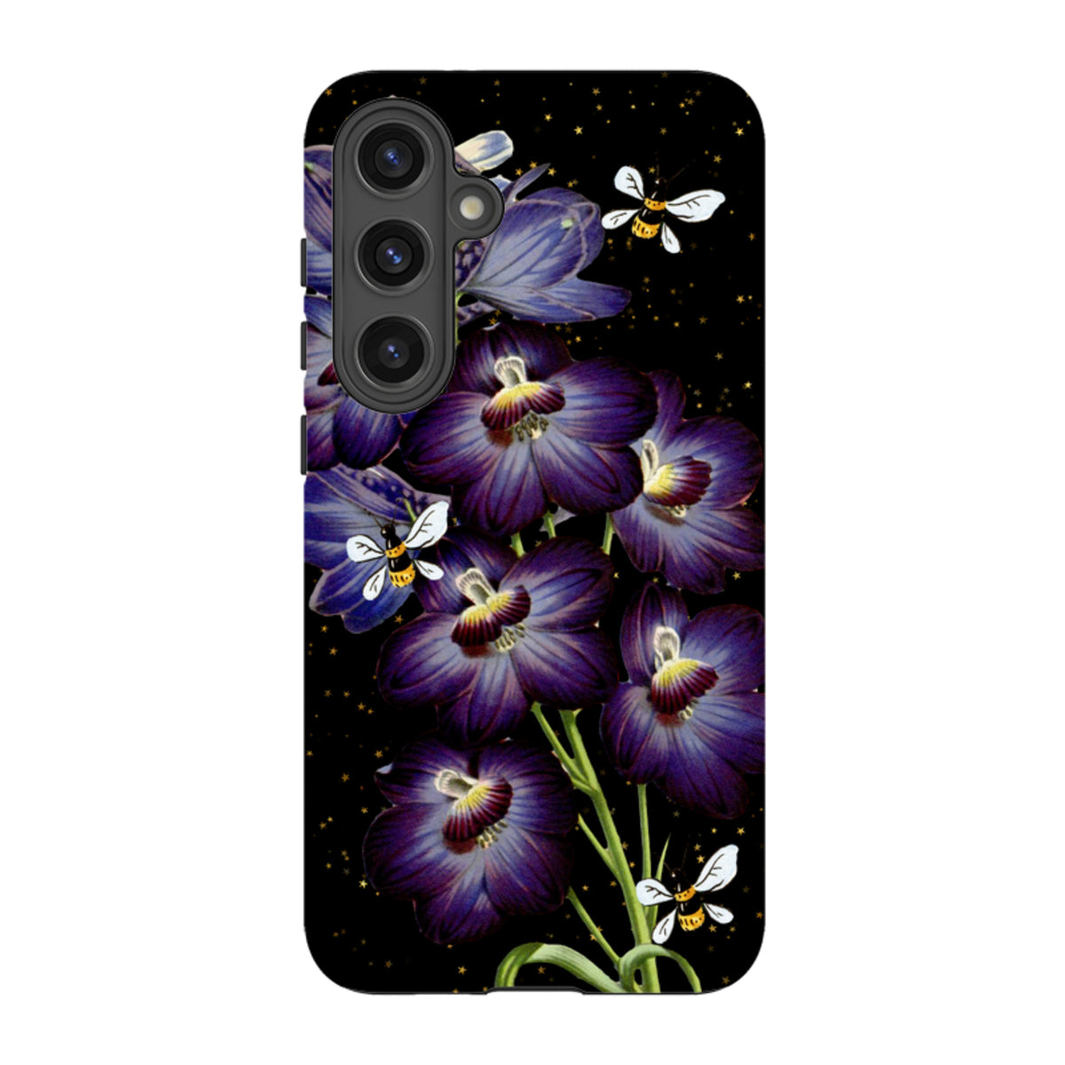 Samsung Galaxy tough case featuring a Night Bees design with purple flowers and bees on a black starry background.