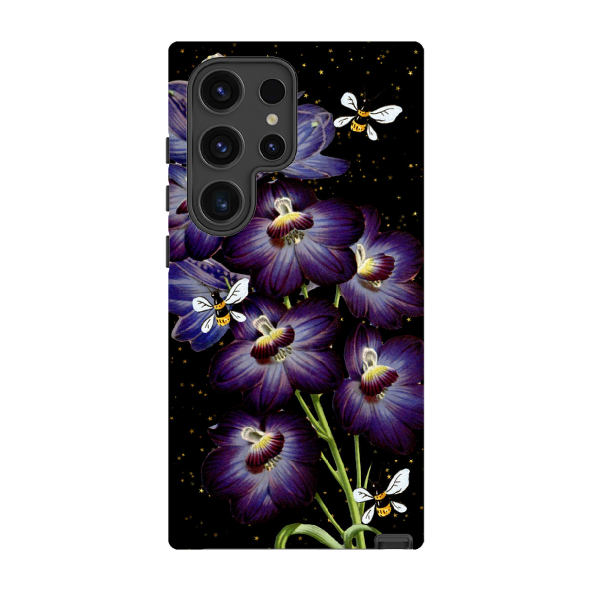 Samsung Galaxy tough case featuring purple flowers and bees on a black starry background with dual-layer protection.
