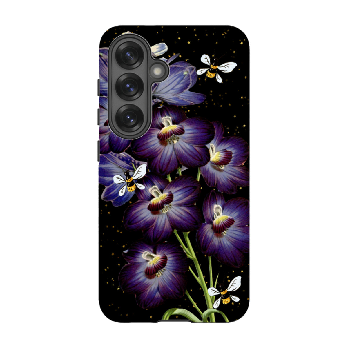 Samsung Tough Case featuring purple flowers and bees on a black background with a durable dual-layer protective shell.