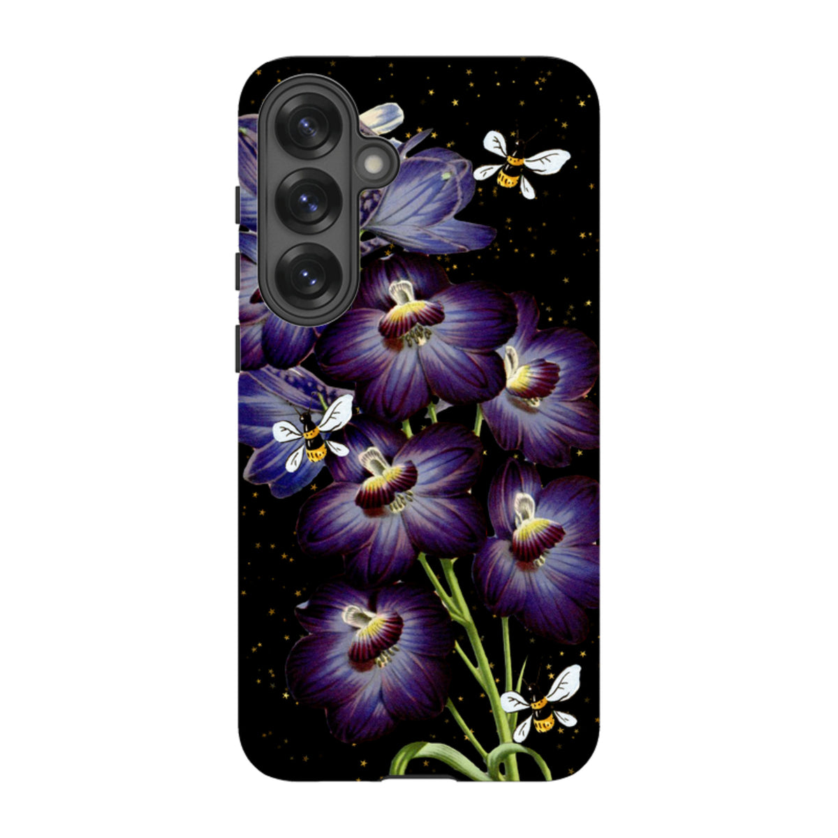 Samsung Tough Case featuring purple flowers and bees on a black background with gold stars and dual-layer protection.