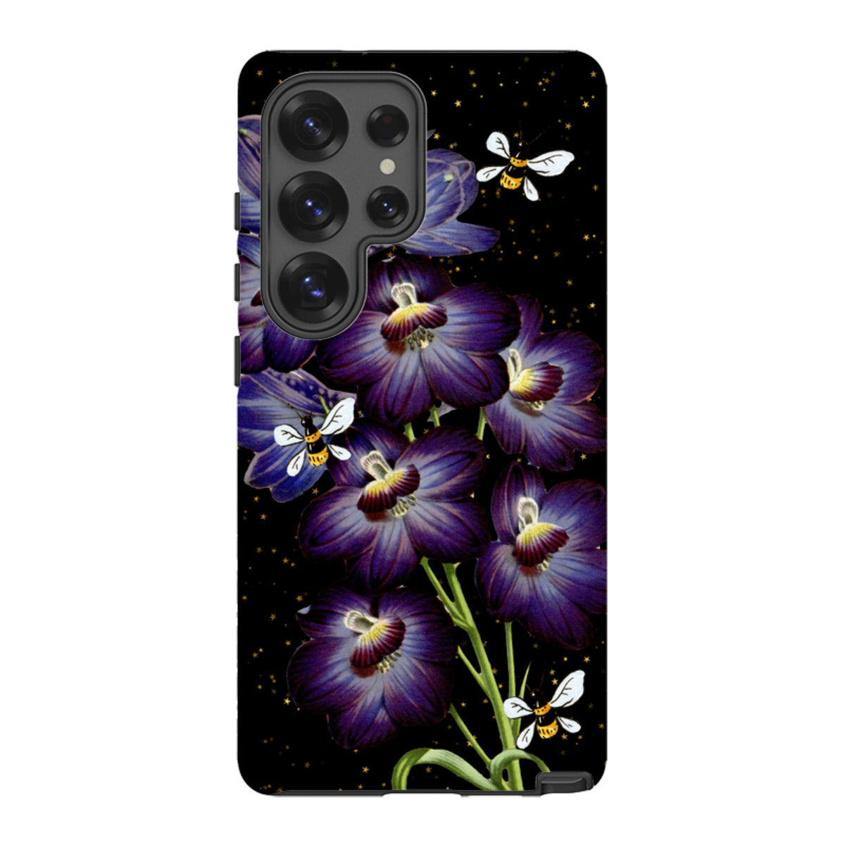 Samsung Tough Case featuring purple flowers and bees on a black starry background with dual-layer protective design.