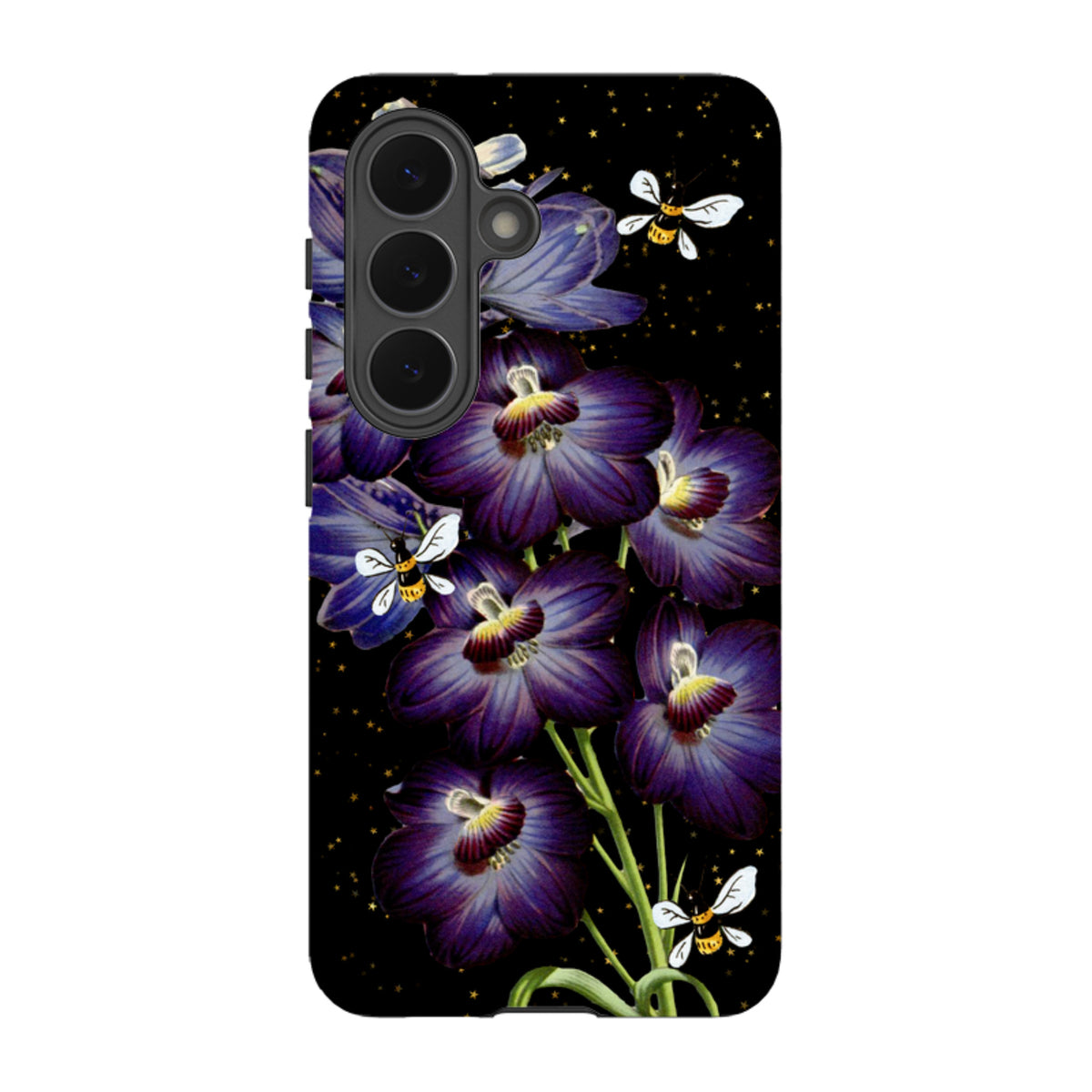 Samsung Tough Case featuring purple flowers and bees on a starry black background with a durable dual-layer design.
