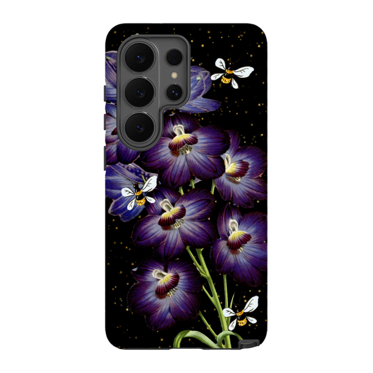 Samsung Tough Case featuring purple flowers and bees on a black background with gold stars for Galaxy phones.