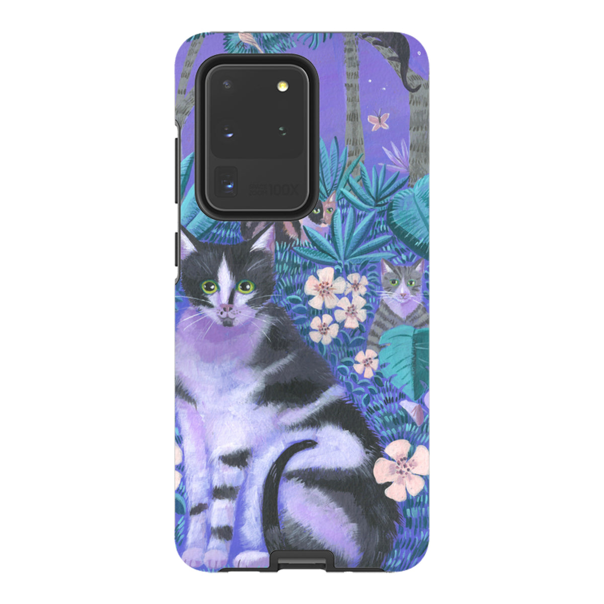 Samsung Tough Case featuring Night Cats artwork with purple jungle foliage and dual-layer protection for Galaxy phones.