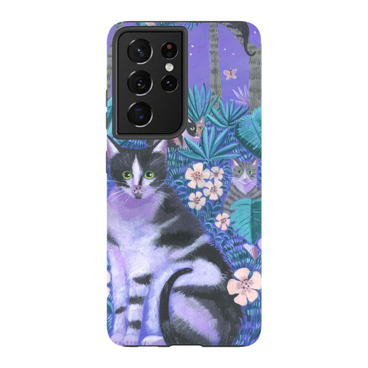 Samsung Tough Case featuring Night Cats 2 artwork with purple jungle foliage and cats on a dual-layer protective phone cover.