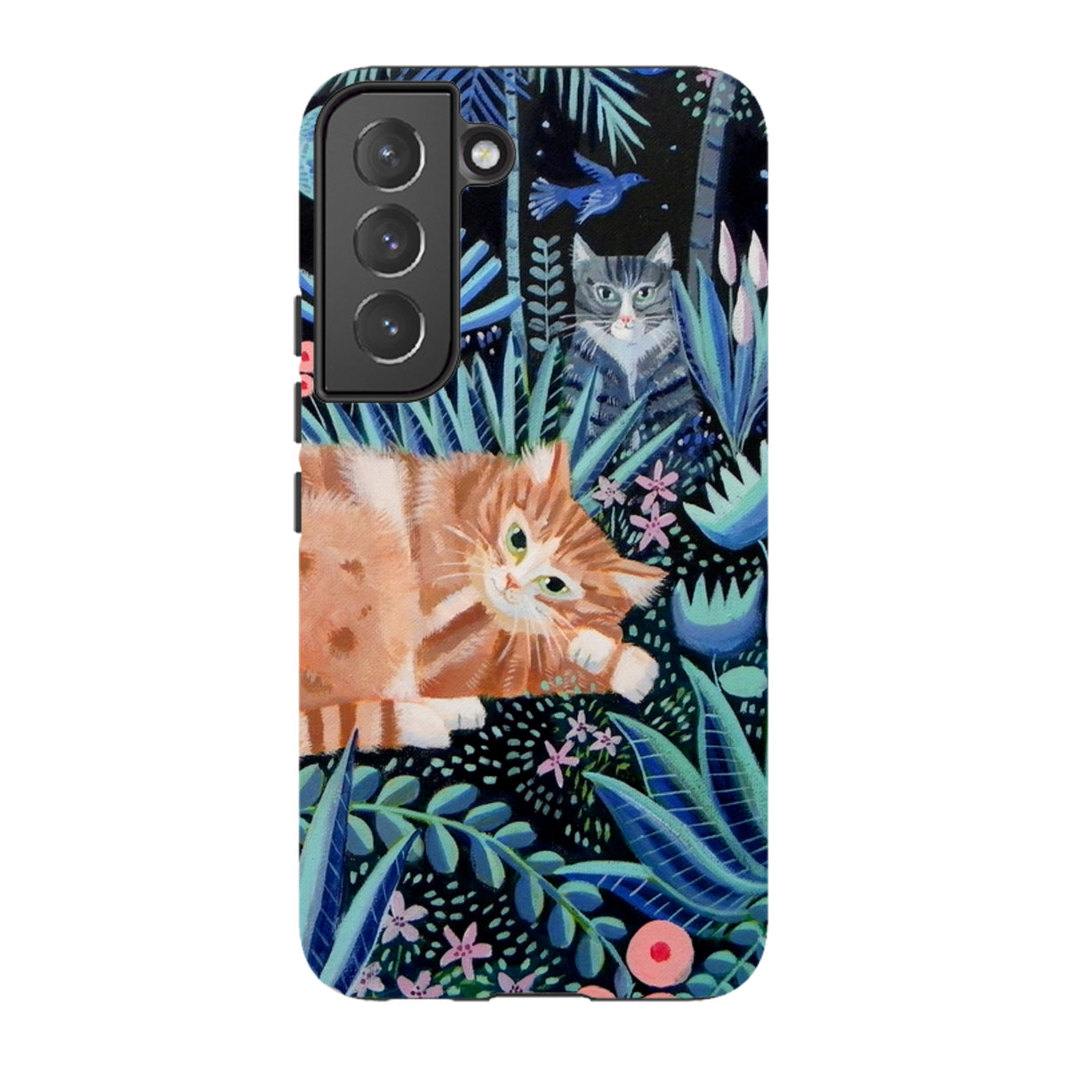 Samsung Tough Case featuring Night Cats artwork with orange and tabby cats in a dark, vibrant jungle foliage design.
